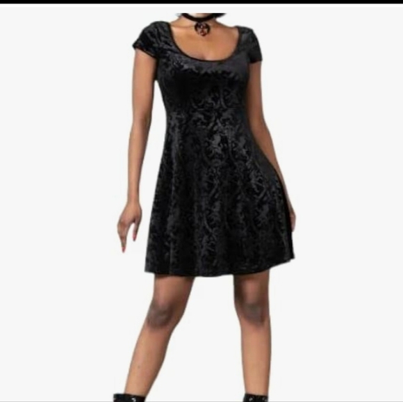 Killstar Dresses & Skirts - Killstar Size L Devilry Black Skater Dress Fit & Flare Velvet Embossed Design